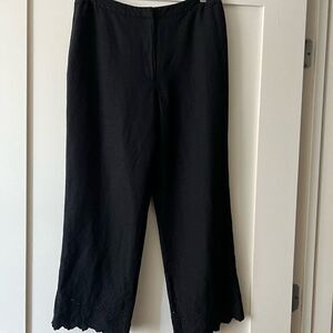 Ann Taylor Loft Pants 14 Womens Embroidered Scalloped Eyelet Bottom Black Linen